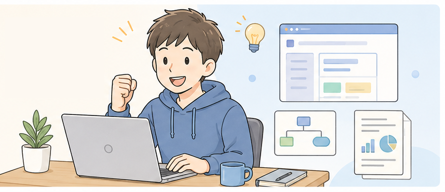パソコンを前にシステム開発について相談しながら学ぶ人たちのイラスト