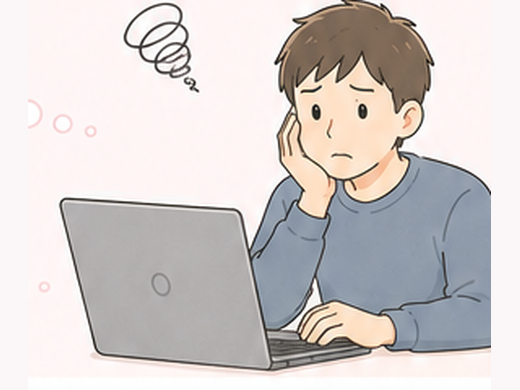 次の仕事や副業への一歩に不安を感じながらパソコンに向かう人のイラスト