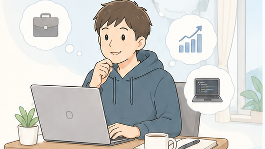 パソコンを使いながら次の仕事や新しいキャリアを考える人のイラスト