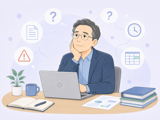 中高年の人物がパソコンを前に、システム化や引き継ぎに不安を感じているイラスト