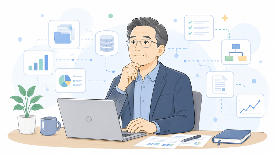 中高年の人物がパソコンを前に、自分の業務経験をシステム化するイメージを考えているイラスト