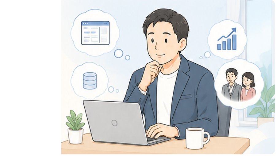 Web制作やIT支援の次のサービスとして業務システム提案を考える事業者のイラスト