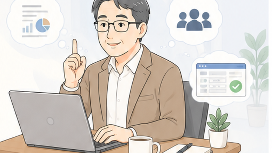 中小企業支援者がパソコンを前に顧客の業務改善を考えているイラスト